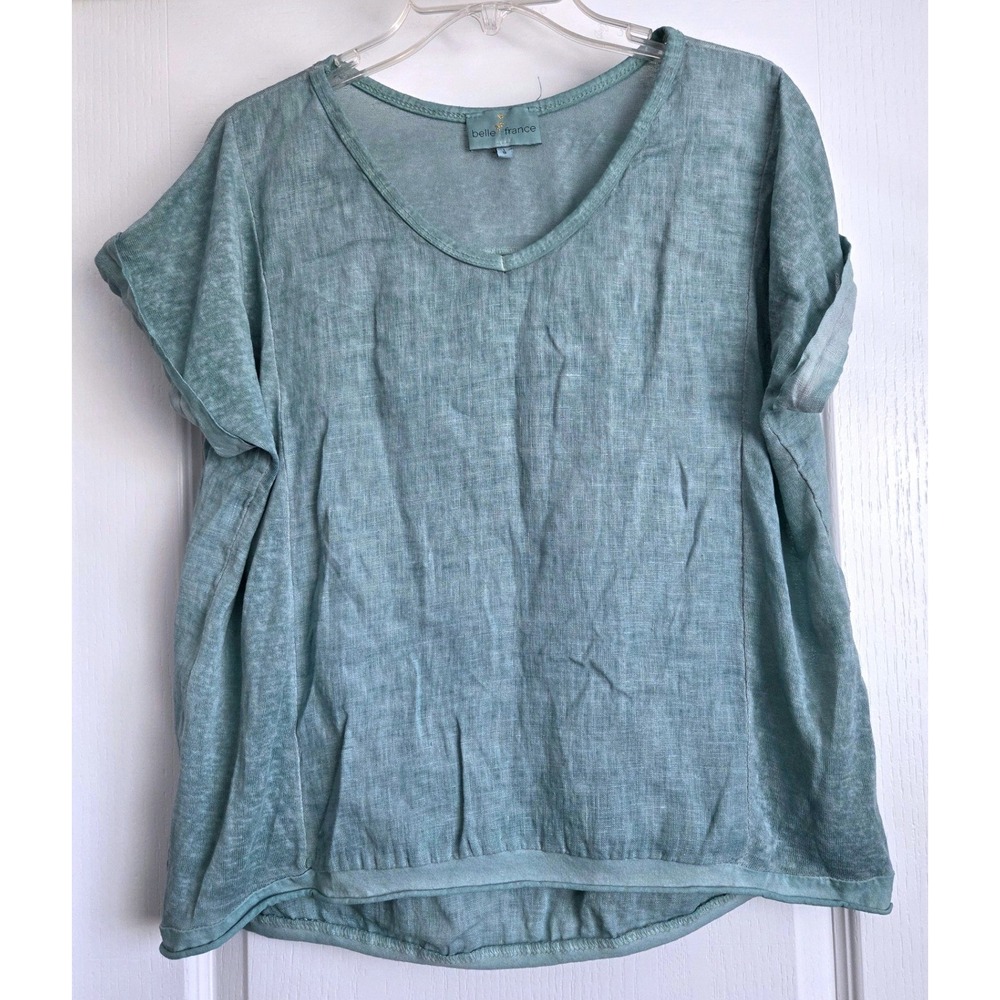 VTG Belle France Sage Green Linen Blend V-Neck Short Sleeve Top Made Italy  Sz S